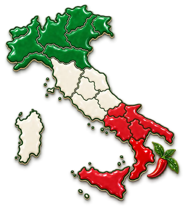 Mappa d'Italia in ceramica: Nord verde, Centro bianco, Sud rosso, con la Calabria in evidenza e un peperoncino